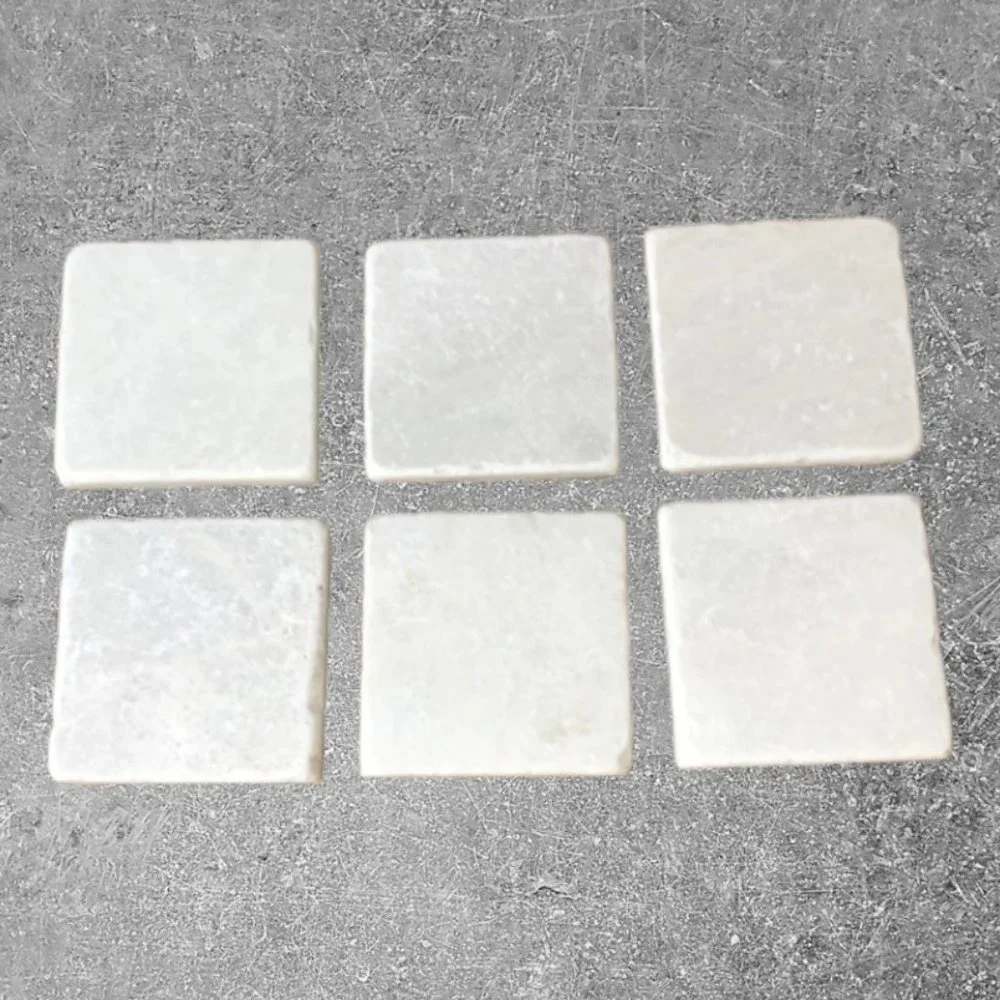 6 Natural White Stone COASTERS w/ Grey Marbling Full Set Boho Cottagecore